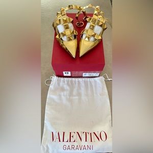 Valentino Garavani Roman Stud Metallic Leather Ballerina Ankle-Strap Flats